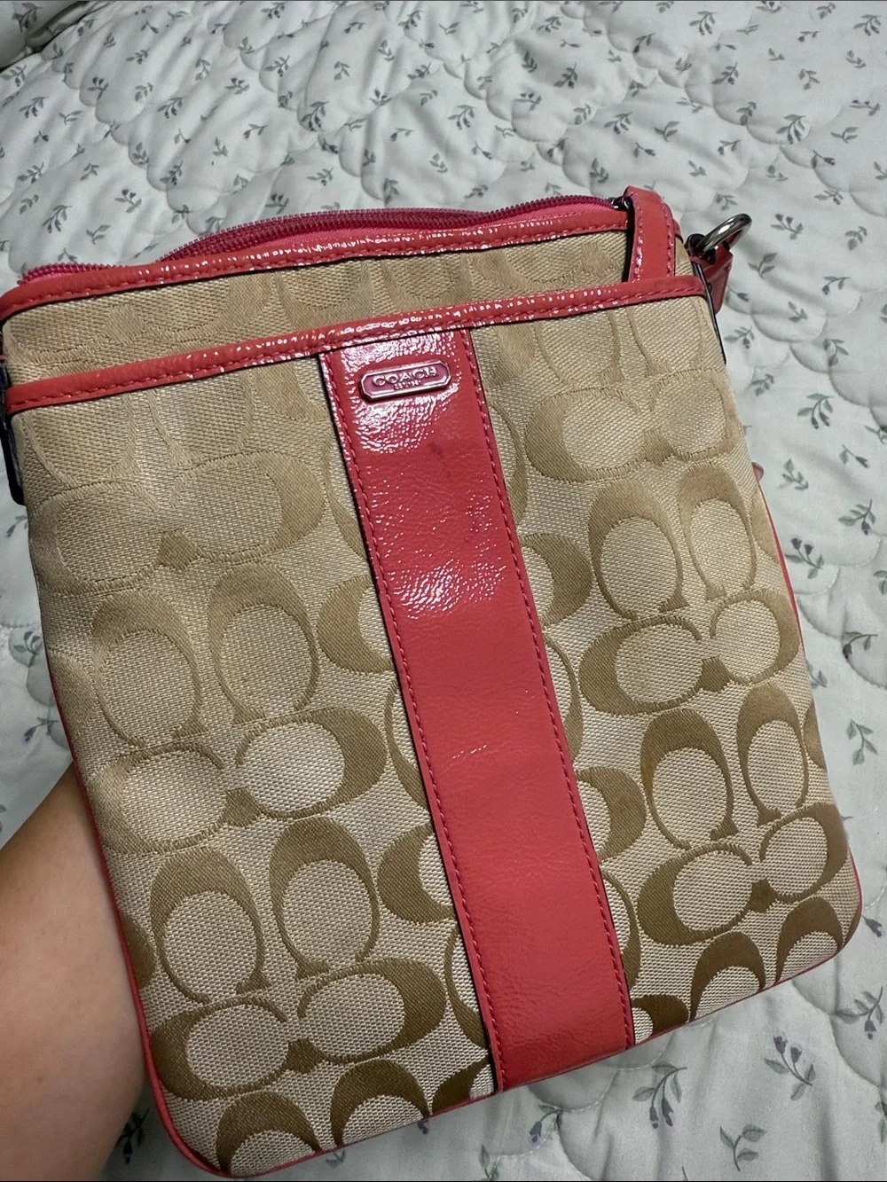 Coach Tan Signature Crossbody with Pink Trim